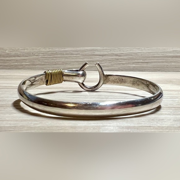 Vintage Designer Signed DK Sterling Silver & Brass Hook Bangle Bracelet - Picture 3 of 7